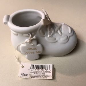 RUSS White Ceramic “Jesus Loves Me” Baby Bootie w/ Blank Name & Date